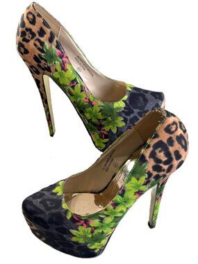 Wild Rose Elle 115 Animal Print & Floral Platform Stiletto High Heels Pumps 8.5